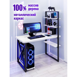 Стол компьютерный Loft с пятью полками, столешница белого цвета из массива сосны 40 мм и черные металлические крестообразные ножки, 120х60х145 см stol-comp12060bel-krest-black
