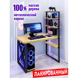 Стол компьютерный Loft с пятью полками, лакированная столешница из массива сосны 40 мм и черные металлические крестообразные ножки, 120х60х145 см stol-comp12060lak-krest-black