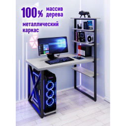 Стол компьютерный Loft с пятью полками, столешница цвета платины из массива сосны 40 мм и черные металлические крестообразные ножки, 110х60х145 см stol-comp11060plat-krest-black