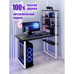 Стол компьютерный Loft с пятью полками, столешница цвета черного оникса из массива сосны 40 мм и белые металлические ножки, 130х80х145 см stol-comp13080onix-white