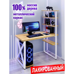 Стол компьютерный Loft с пятью полками, лакированная столешница из массива сосны 40 мм и белые металлические крестообразные ножки, 120х60х145 см stol-comp12060lak-krest-white