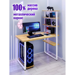 Стол компьютерный Loft с пятью полками, столешница без покраски из массива сосны 40 мм и белые металлические ножки, 140х80х145 см stol-comp14080-white