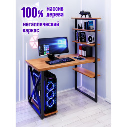Стол компьютерный Loft с пятью полками, столешница цвета ольхи из массива сосны 40 мм и черные металлические крестообразные ножки, 110х60х145 см stol-comp11060olha-krest-black