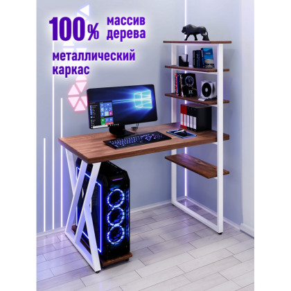 Стол компьютерный Loft с пятью полками, столешница цвета темного дуба из массива сосны 40 мм и белые металлические Z-образные ножки, 110х60х145 см stol-comp11060temd-Z-white
