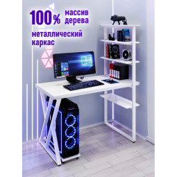 Стол компьютерный Loft с пятью полками, столешница белого цвета из массива сосны 40 мм и белые металлические Z-образные ножки, 110х60х145 см stol-comp11060bel-Z-white