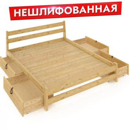 Кровать двуспальная Мишка усиленная из массива сосны со сплошным основанием 190х150 см (габариты 200х160), с четырьмя выкатными ящиками, без шлифовки и покрытия 150mnet-190-full-4yash