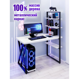 Стол компьютерный Loft с пятью полками, столешница белого цвета из массива сосны 40 мм и черные металлические Z-образные ножки, 90х60х145 см stol-comp9060bel-Z-black