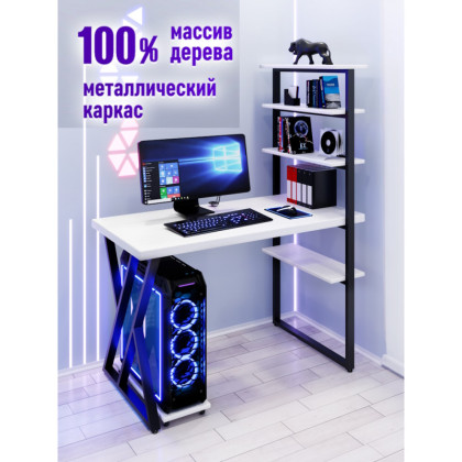 Стол компьютерный Loft с пятью полками, столешница белого цвета из массива сосны 40 мм и черные металлические Z-образные ножки, 90х60х145 см stol-comp9060bel-Z-black