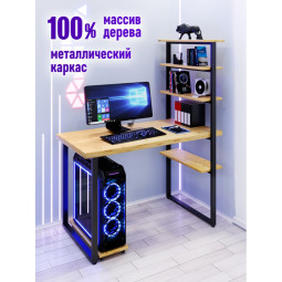 Стол компьютерный Loft с пятью полками, столешница без покраски из массива сосны 40 мм и черные металлические ножки, 120х60х145 см stol-comp12060-black