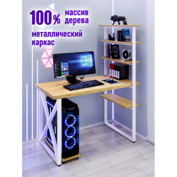 Стол компьютерный Loft с пятью полками, столешница без покраски из массива сосны 40 мм и белые металлические крестообразные ножки, 100х80х145 см stol-comp10080-krest-white