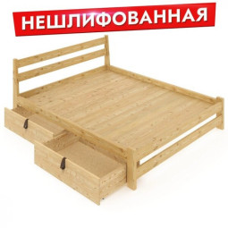 Кровать двуспальная Мишка усиленная из массива сосны со сплошным основанием 190х160 см (габариты 200х170), с двумя выкатными ящиками, без шлифовки и покрытия 160mnet-190-full-2yash