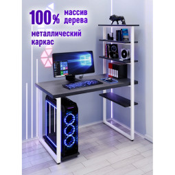 Стол компьютерный Loft с пятью полками, столешница цвета антрацит из массива сосны 40 мм и белые металлические ножки, 140х60х145 см stol-comp14060ser-white