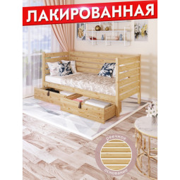 Тахта односпальная из массива сосны с реечным основанием и высокими бортиками, 90х180 см (габариты 100х190), с двумя выкатными ящиками, лакированная tahta-spin90-180lak-2yash
