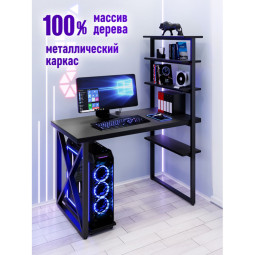 Стол компьютерный Loft с пятью полками, столешница цвета черного оникса из массива сосны 40 мм и черные металлические крестообразные ножки, 110х60х145 см stol-comp11060onix-krest-black