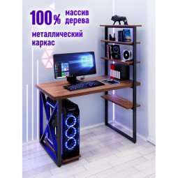 Стол компьютерный Loft с пятью полками, столешница цвета темного дуба из массива сосны 40 мм и черные металлические крестообразные ножки, 110х80х145 см stol-comp11080temd-krest-black