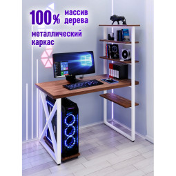 Стол компьютерный Loft с пятью полками, столешница цвета темного дуба из массива сосны 40 мм и белые металлические крестообразные ножки, 100х60х145 см stol-comp10060temd-krest-white