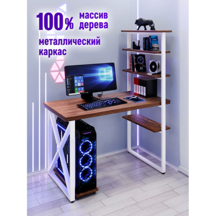 Стол компьютерный Loft с пятью полками, столешница цвета темного дуба из массива сосны 40 мм и белые металлические крестообразные ножки, 100х60х145 см stol-comp10060temd-krest-white