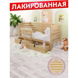 Кровать односпальная подростковая из массива сосны с реечным основанием и высокими бортиками, 80х180 см (габариты 90х190), с двумя выкатными ящиками, лакированная det-spin80-180lak-2yash