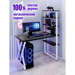 Стол компьютерный Loft с пятью полками, столешница цвета черного оникса из массива сосны 40 мм и белые металлические Z-образные ножки, 100х60х145 см stol-comp10060onix-Z-white