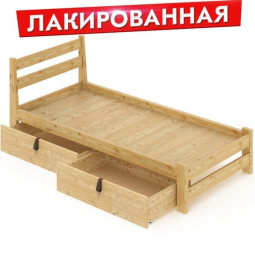 Кровать односпальная Мишка усиленная из массива сосны со сплошным основанием 190х100 см (габариты 200х110), с двумя выкатными ящиками, лакированная 100mlak-190-full-2yash
