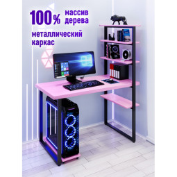 Стол компьютерный Loft с пятью полками, столешница розового цвета из массива сосны 40 мм и черные металлические ножки, 110х60х145 см stol-comp11060roz-black
