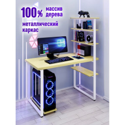 Стол компьютерный Loft с пятью полками, столешница цвета ванили из массива сосны 40 мм и белые металлические ножки, 120х60х145 см stol-comp12060van-white