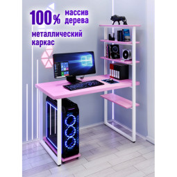 Стол компьютерный Loft с пятью полками, столешница розового цвета из массива сосны 40 мм и белые металлические ножки, 110х60х145 см stol-comp11060roz-white