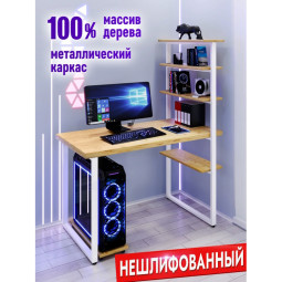 Стол компьютерный Loft с пятью полками, столешница без шлифовки и покрытия из массива сосны 40 мм и белые металлические ножки, 110х80х145 см stol-comp11080net-white