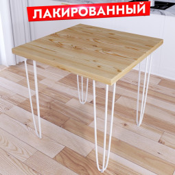 Стол кухонный Loft квадратный с лакированной столешницей из массива сосны 40 мм и белыми металлическими ножками-шпильками, 75х75х75 см 710-10237