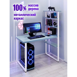 Стол компьютерный Loft с пятью полками, столешница голубого цвета из массива сосны 40 мм и белые металлические ножки, 130х60х145 см stol-comp13060gol-white