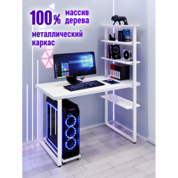 Стол компьютерный Loft с пятью полками, столешница белого цвета из массива сосны 40 мм и белые металлические ножки, 130х60х145 см stol-comp13060bel-white