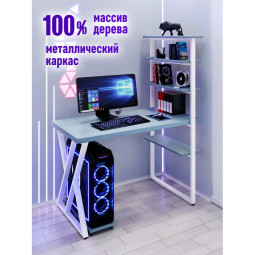 Стол компьютерный Loft с пятью полками, столешница голубого цвета из массива сосны 40 мм и белые металлические Z-образные ножки, 130х60х145 см stol-comp13060gol-Z-white