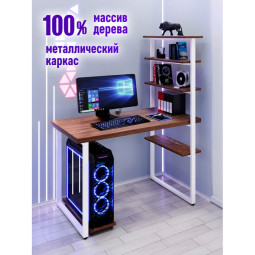 Стол компьютерный Loft с пятью полками, столешница цвета темного дуба из массива сосны 40 мм и белые металлические ножки, 140х80х145 см stol-comp14080temd-white
