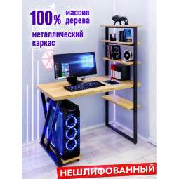 Стол компьютерный Loft с пятью полками, столешница без шлифовки и покрытия из массива сосны 40 мм и черные металлические Z-образные ножки, 110х80х145 см stol-comp11080net-Z-black