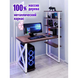 Стол компьютерный Loft с пятью полками, столешница цвета венге из массива сосны 40 мм и белые металлические крестообразные ножки, 130х60х145 см stol-comp13060ven-krest-white