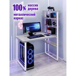Стол компьютерный Loft с пятью полками, столешница цвета платины из массива сосны 40 мм и белые металлические ножки, 120х60х145 см stol-comp12060plat-white