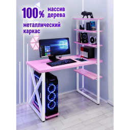Стол компьютерный Loft с пятью полками, столешница розового цвета из массива сосны 40 мм и белые металлические крестообразные ножки, 130х60х145 см stol-comp13060roz-krest-white