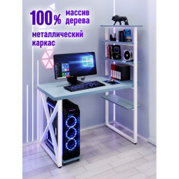Стол компьютерный Loft с пятью полками, столешница голубого цвета из массива сосны 40 мм и белые металлические крестообразные ножки, 130х60х145 см stol-comp13060gol-krest-white