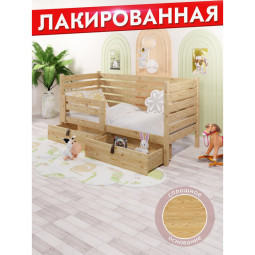 Кровать односпальная подростковая из массива сосны со сплошным основанием и высокими бортиками, 80х140 см (габариты 90х150), с двумя выкатными ящиками, лакированная det-spin80-140lak-full-2yash