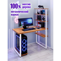 Стол компьютерный Loft с пятью полками, столешница цвета ольхи из массива сосны 40 мм и белые металлические ножки, 90х80х145 см stol-comp9080olha-white