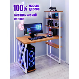 Стол компьютерный Loft с пятью полками, столешница цвета ольхи из массива сосны 40 мм и белые металлические Z-образные ножки, 120х60х145 см stol-comp12060olha-Z-white