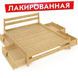 Кровать двуспальная Мишка усиленная из массива сосны со сплошным основанием 190х160 см (габариты 200х170), с четырьмя выкатными ящиками, лакированная 160mlak-190-full-4yash