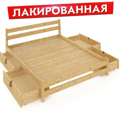 Кровать двуспальная Мишка усиленная из массива сосны со сплошным основанием 190х150 см (габариты 200х160), с четырьмя выкатными ящиками, лакированная 150mlak-190-full-4yash