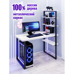 Стол компьютерный Loft с пятью полками, столешница белого цвета из массива сосны 40 мм и черные металлические ножки, 90х80х145 см stol-comp9080bel-black