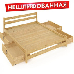 Кровать двуспальная Мишка усиленная из массива сосны со сплошным основанием 190х140 см (габариты 200х150), с четырьмя выкатными ящиками, без шлифовки и покрытия 140mnet-190-full-4yash
