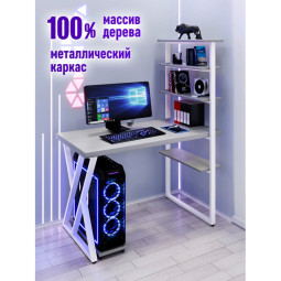 Стол компьютерный Loft с пятью полками, столешница цвета платины из массива сосны 40 мм и белые металлические Z-образные ножки, 120х60х145 см stol-comp12060plat-Z-white