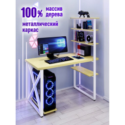 Стол компьютерный Loft с пятью полками, столешница цвета ванили из массива сосны 40 мм и белые металлические крестообразные ножки, 120х60х145 см stol-comp12060van-krest-white
