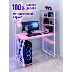 Стол компьютерный Loft с пятью полками, столешница розового цвета из массива сосны 40 мм и белые металлические Z-образные ножки, 130х80х145 см stol-comp13080roz-Z-white