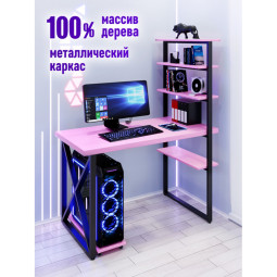 Стол компьютерный Loft с пятью полками, столешница розового цвета из массива сосны 40 мм и черные металлические крестообразные ножки, 120х60х145 см stol-comp12060roz-krest-black