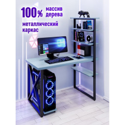 Стол компьютерный Loft с пятью полками, столешница голубого цвета из массива сосны 40 мм и черные металлические крестообразные ножки, 120х60х145 см stol-comp12060gol-krest-black